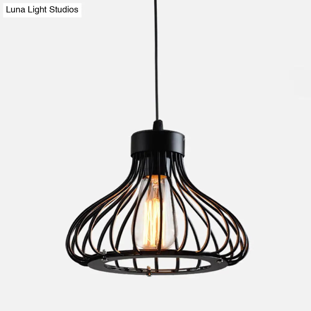 Rustic 1-Light Iron Ceiling Pendant Lamp in Black - Cone/Oval/Globe Suspended Lighting for Dining Room