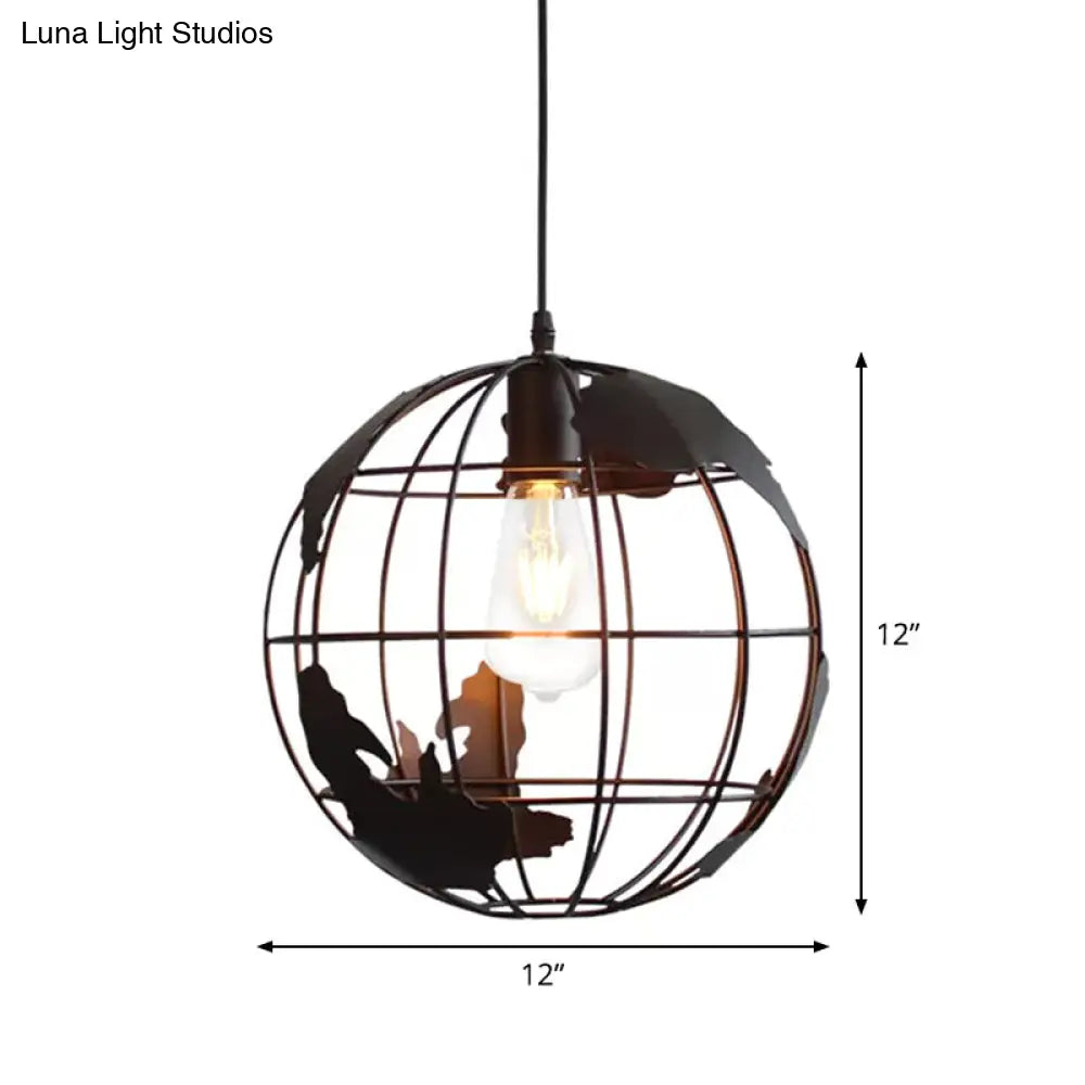 Rustic 1-Light Iron Ceiling Pendant Lamp in Black - Cone/Oval/Globe Suspended Lighting for Dining Room