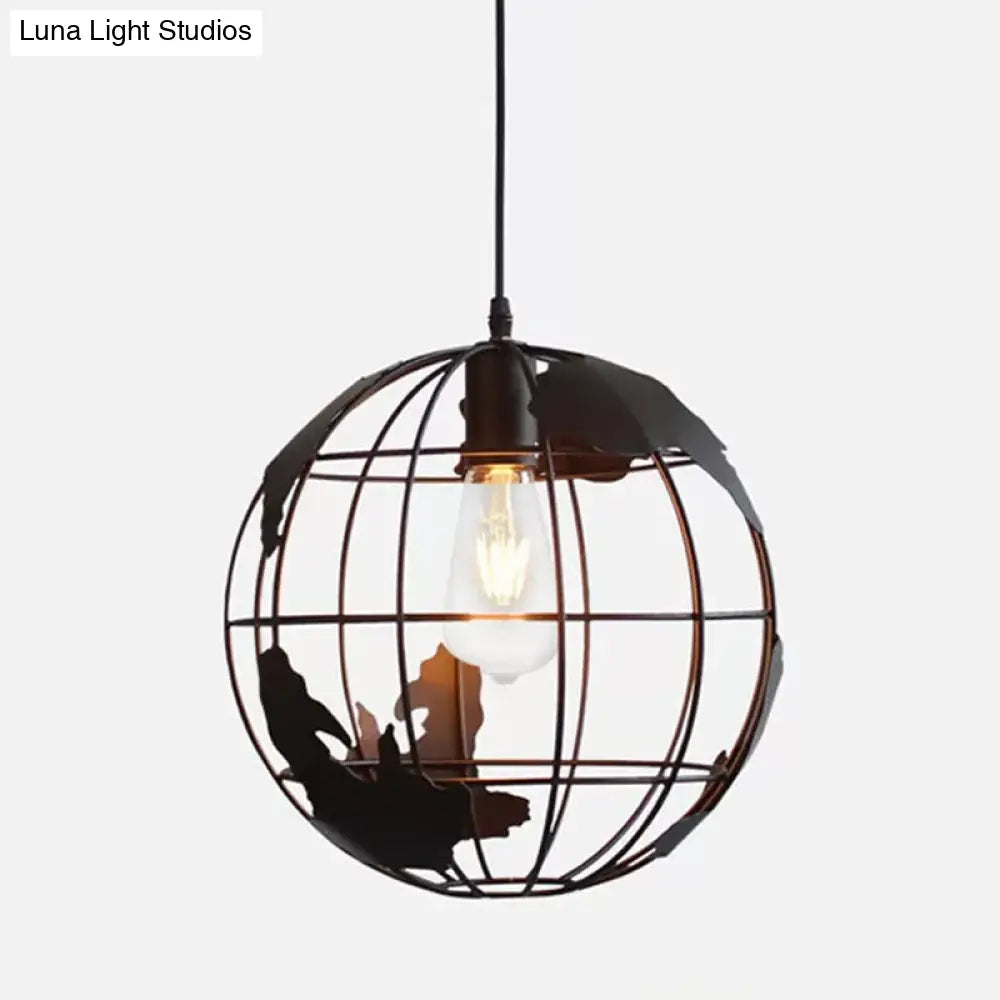 Rustic 1-Light Iron Ceiling Pendant Lamp in Black - Cone/Oval/Globe Suspended Lighting for Dining Room