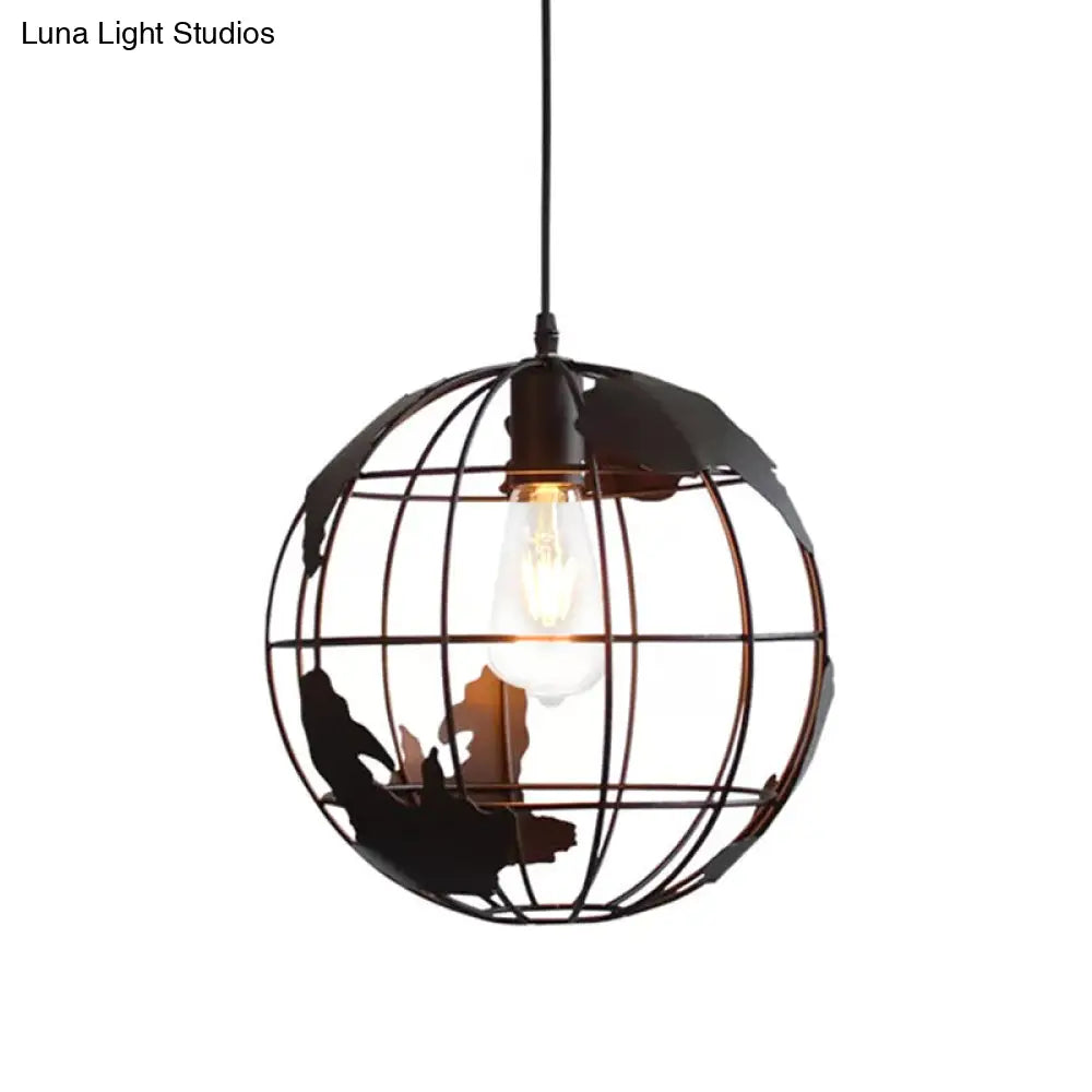 Rustic 1-Light Iron Ceiling Pendant Lamp in Black - Cone/Oval/Globe Suspended Lighting for Dining Room