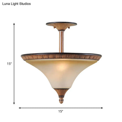 DecorBites™ DecorBites™ Rustic 2-Head Semi Flush Wood Ceiling Lamp with Tan Glass - Farmhouse Cone Lighting Fixture