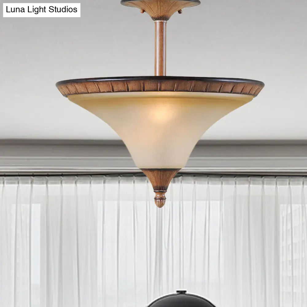 DecorBites™ DecorBites™ Rustic 2-Head Semi Flush Wood Ceiling Lamp with Tan Glass - Farmhouse Cone Lighting Fixture