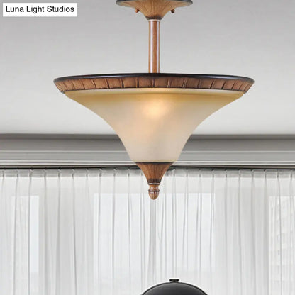 DecorBites™ DecorBites™ Rustic 2-Head Semi Flush Wood Ceiling Lamp with Tan Glass - Farmhouse Cone Lighting Fixture