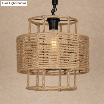 Rustic 2-Layered Cylinder Pendant Lamp with Rope and 1 Head for Living Room Ceiling in Brown