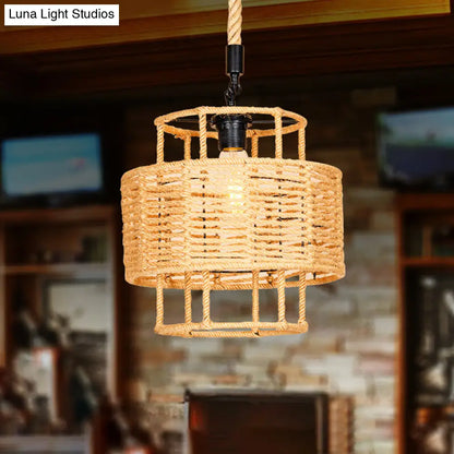 Rustic 2-Layered Cylinder Pendant Lamp with Rope and 1 Head for Living Room Ceiling in Brown