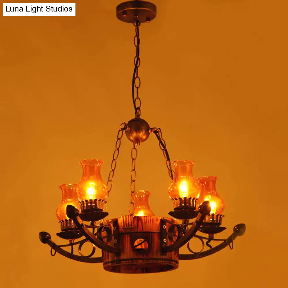 Rustic 3/5-Light Antique Chandelier with Adjustable Height and Amber Glass Oil Lamp