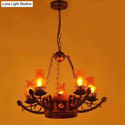 Rustic 3/5-Light Antique Chandelier with Adjustable Height and Amber Glass Oil Lamp