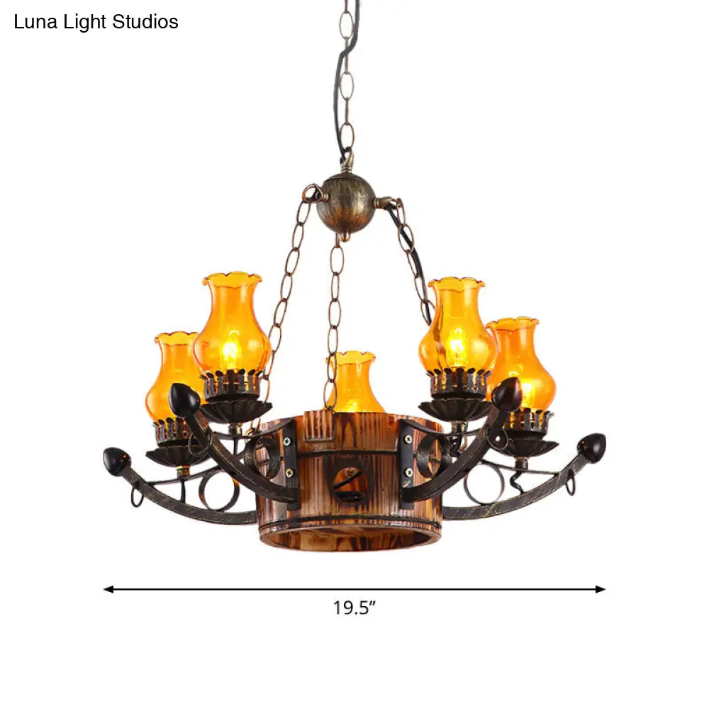Rustic 3/5-Light Antique Chandelier with Adjustable Height and Amber Glass Oil Lamp