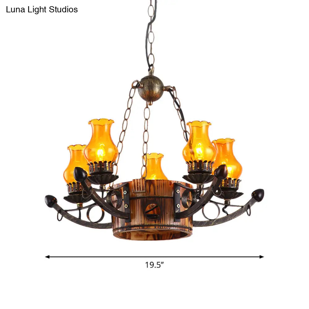 Rustic 3/5-Light Antique Chandelier with Adjustable Height and Amber Glass Oil Lamp