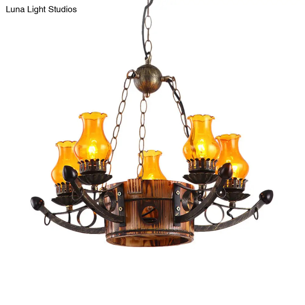 Rustic 3/5-Light Antique Chandelier with Adjustable Height and Amber Glass Oil Lamp