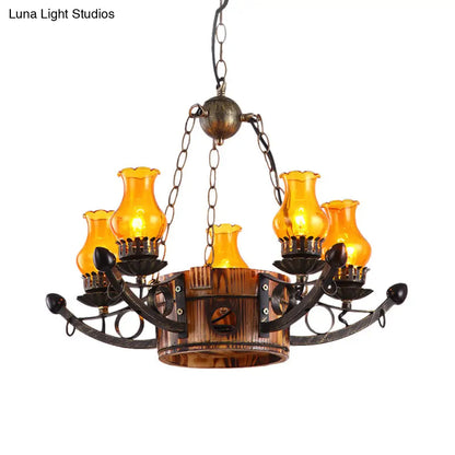 Rustic 3/5-Light Antique Chandelier with Adjustable Height and Amber Glass Oil Lamp