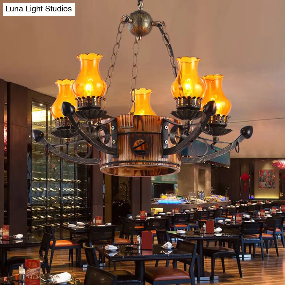 Rustic 3/5-Light Antique Chandelier with Adjustable Height and Amber Glass Oil Lamp