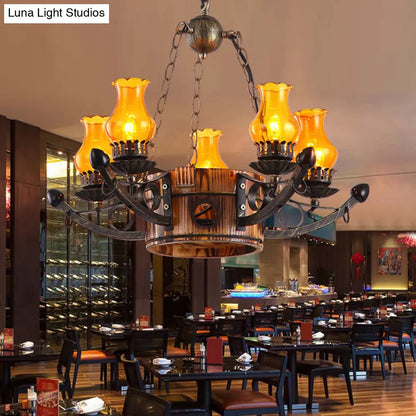 Rustic 3/5-Light Antique Chandelier with Adjustable Height and Amber Glass Oil Lamp