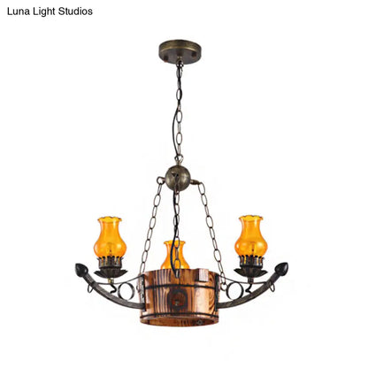 Rustic 3/5-Light Antique Chandelier with Adjustable Height and Amber Glass Oil Lamp