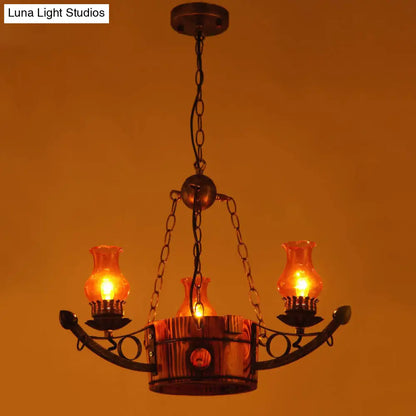 Rustic 3/5-Light Antique Chandelier with Adjustable Height and Amber Glass Oil Lamp