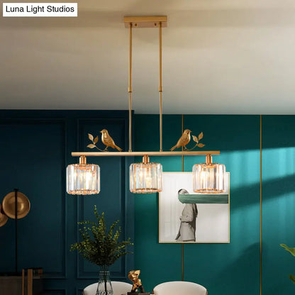 ديكوربايتس™ إضاءة جزيرة كريستالية أسطوانية بثلاثة رؤوس لغرفة الطعام، مع ديكور على شكل طيور وأوراق شجر