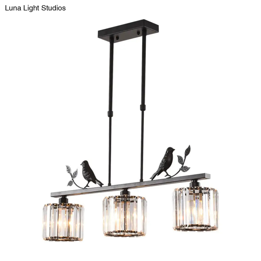 ديكوربايتس™ إضاءة جزيرة كريستالية أسطوانية بثلاثة رؤوس لغرفة الطعام، مع ديكور على شكل طيور وأوراق شجر