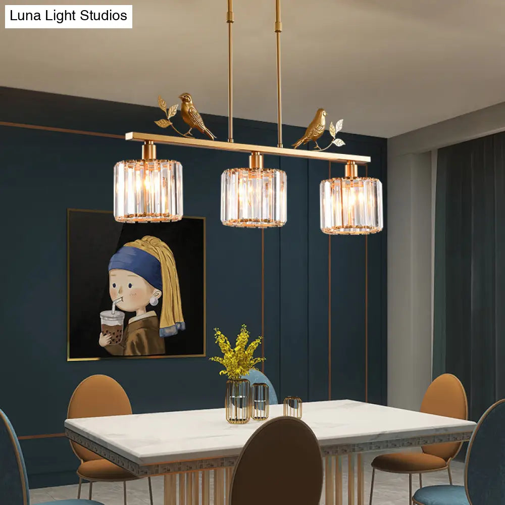 ديكوربايتس™ إضاءة جزيرة كريستالية أسطوانية بثلاثة رؤوس لغرفة الطعام، مع ديكور على شكل طيور وأوراق شجر