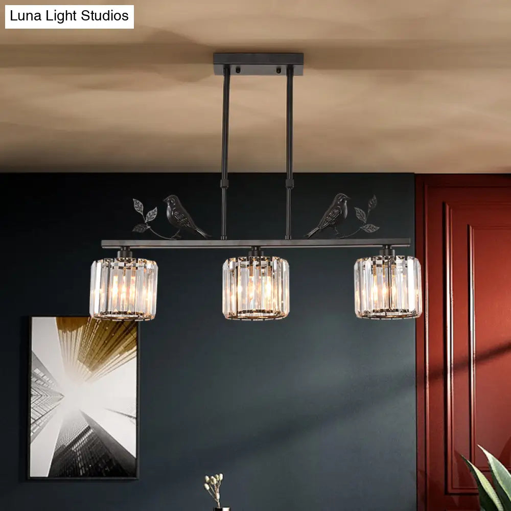 ديكوربايتس™ إضاءة جزيرة كريستالية أسطوانية بثلاثة رؤوس لغرفة الطعام، مع ديكور على شكل طيور وأوراق شجر