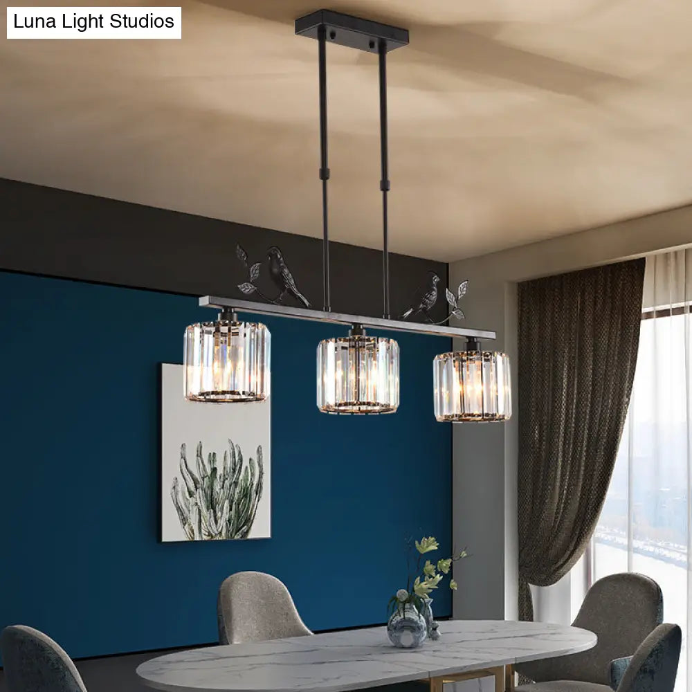 ديكوربايتس™ إضاءة جزيرة كريستالية أسطوانية بثلاثة رؤوس لغرفة الطعام، مع ديكور على شكل طيور وأوراق شجر