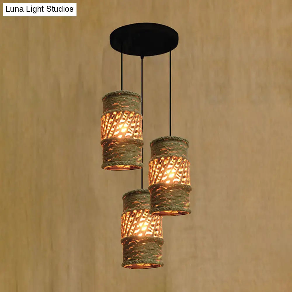 Rustic 3-Head Pendant Ceiling Light with Beige Rope Shades - Farmhouse Restaurant Cluster Lamp