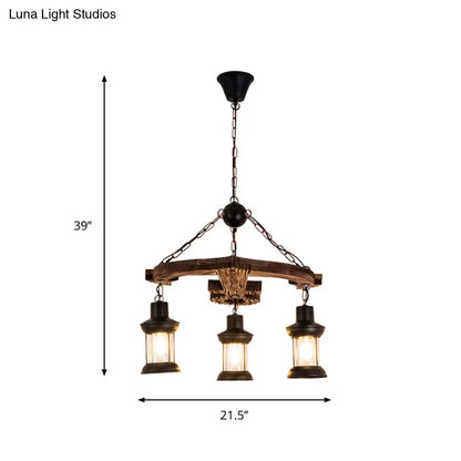 Rustic 3-Light Brown Anchor Chandelier Pendant with Wood and Metal Lantern Shade – Loft Style Ceiling Lamp