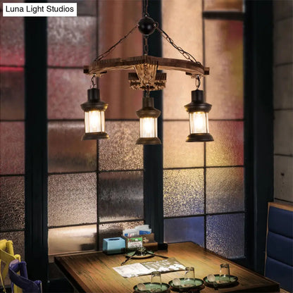 Rustic 3-Light Brown Anchor Chandelier Pendant with Wood and Metal Lantern Shade – Loft Style Ceiling Lamp