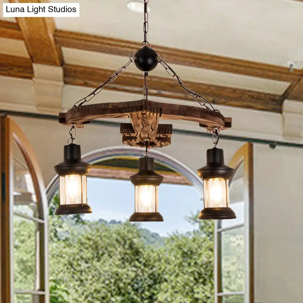 Rustic 3-Light Brown Anchor Chandelier Pendant with Wood and Metal Lantern Shade – Loft Style Ceiling Lamp