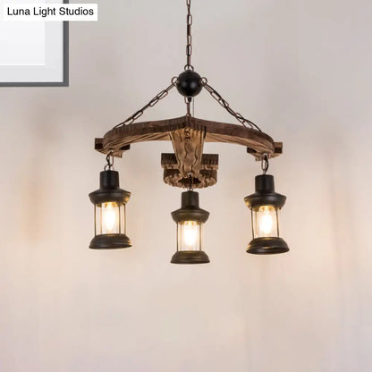 Rustic 3-Light Brown Anchor Chandelier Pendant with Wood and Metal Lantern Shade – Loft Style Ceiling Lamp