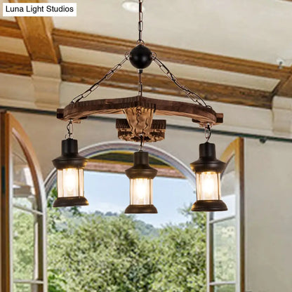 Rustic 3-Light Brown Anchor Chandelier Pendant with Wood and Metal Lantern Shade – Loft Style Ceiling Lamp