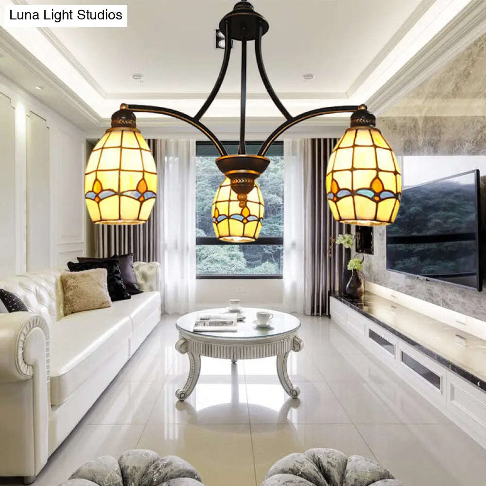 Rustic 3-Light Magnolia Chandelier with Oval Beige Glass Shade