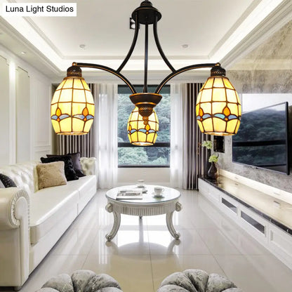 Rustic 3-Light Magnolia Chandelier with Oval Beige Glass Shade