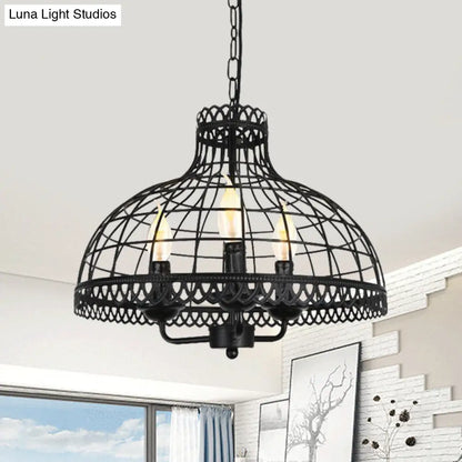 Rustic 3-Light Metal Dome Ceiling Lamp with Farmhouse Charm - Black Finish