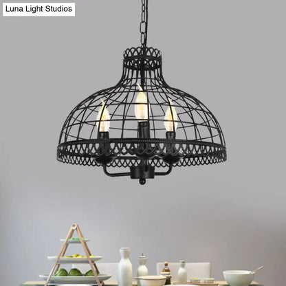 Rustic 3-Light Metal Dome Ceiling Lamp with Farmhouse Charm - Black Finish