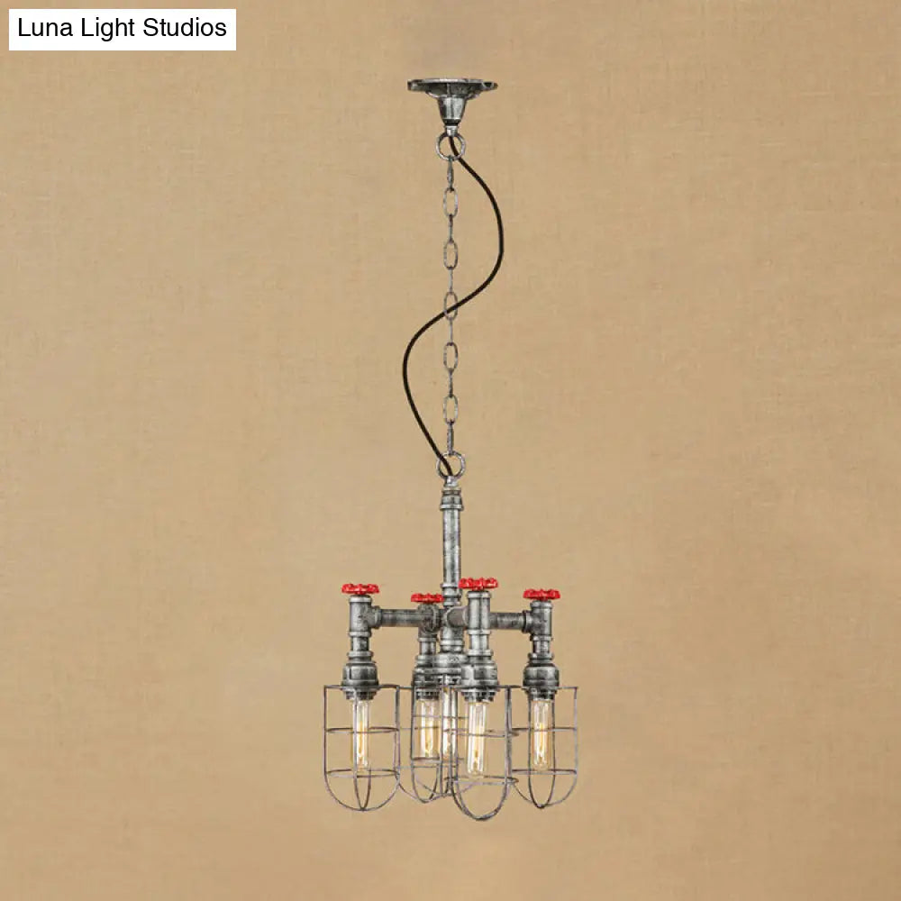 Rustic 5-Light Chandelier Lamp - Wire Frame, Red Valve Metal - Aged Silver/Bronze