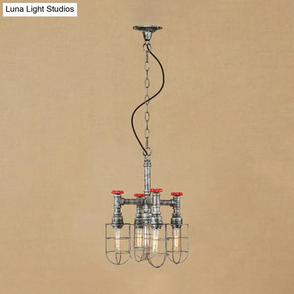 Rustic 5-Light Chandelier Lamp - Wire Frame, Red Valve Metal - Aged Silver/Bronze