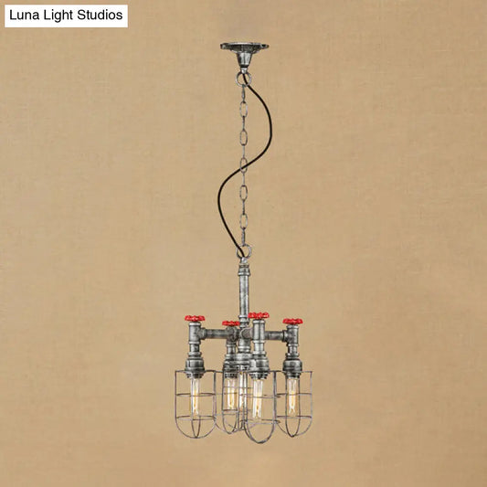 Rustic 5-Light Chandelier Lamp - Wire Frame, Red Valve Metal - Aged Silver/Bronze