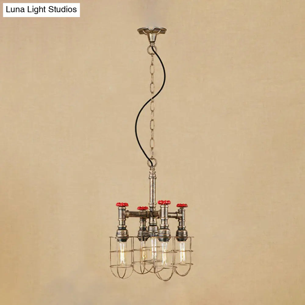 Rustic 5-Light Chandelier Lamp - Wire Frame, Red Valve Metal - Aged Silver/Bronze
