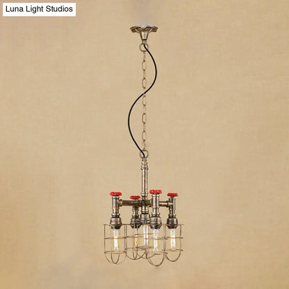 Rustic 5-Light Chandelier Lamp - Wire Frame, Red Valve Metal - Aged Silver/Bronze