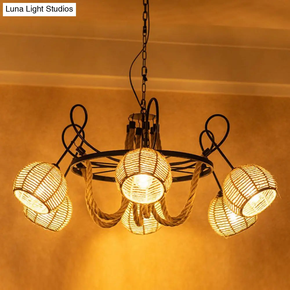 Rustic 6-Head Iron Chandelier with Brown Roped Dome Shade