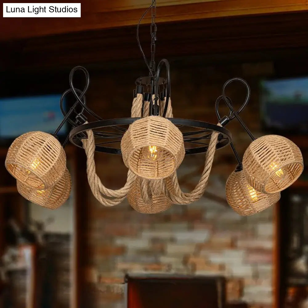 Rustic 6-Head Iron Chandelier with Brown Roped Dome Shade