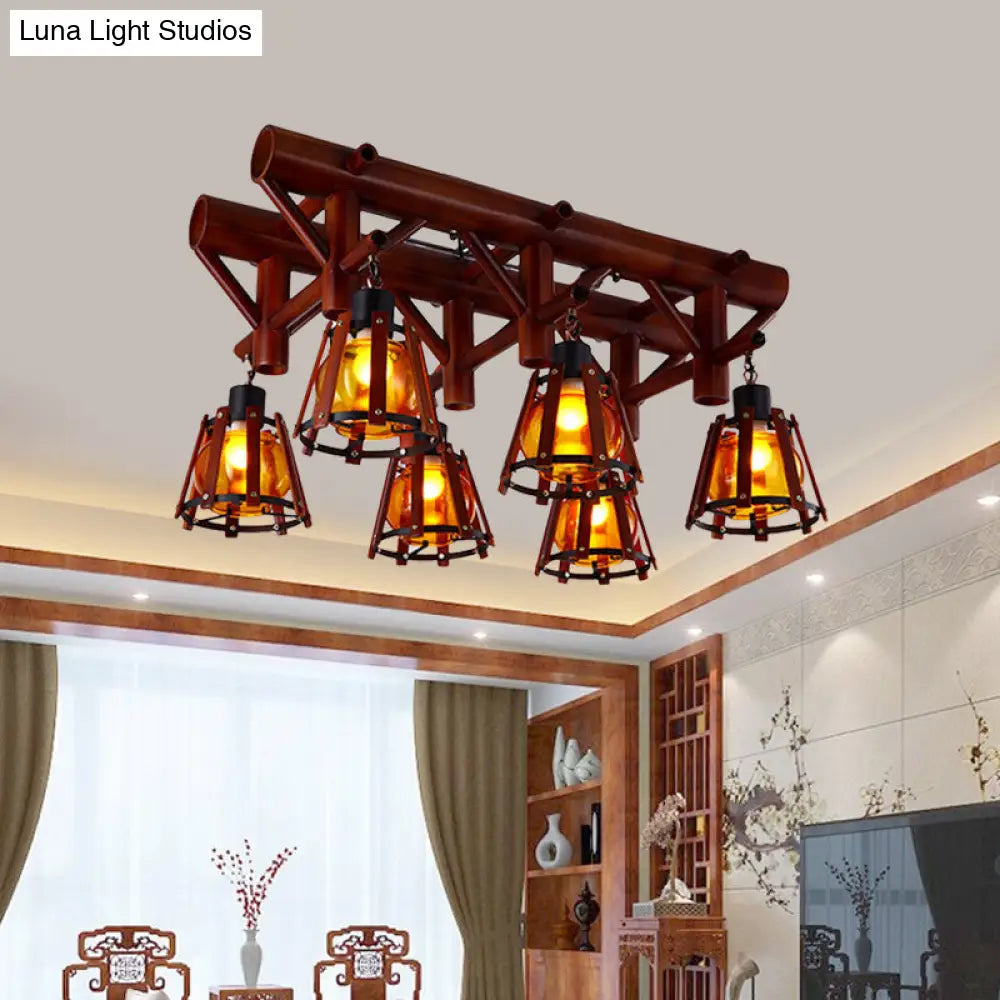 DecorBites™ DecorBites™ Rustic 6-Light Semi Flush Ceiling Lighting with Bamboo Shade - Perfect for Dining Room, Brown
