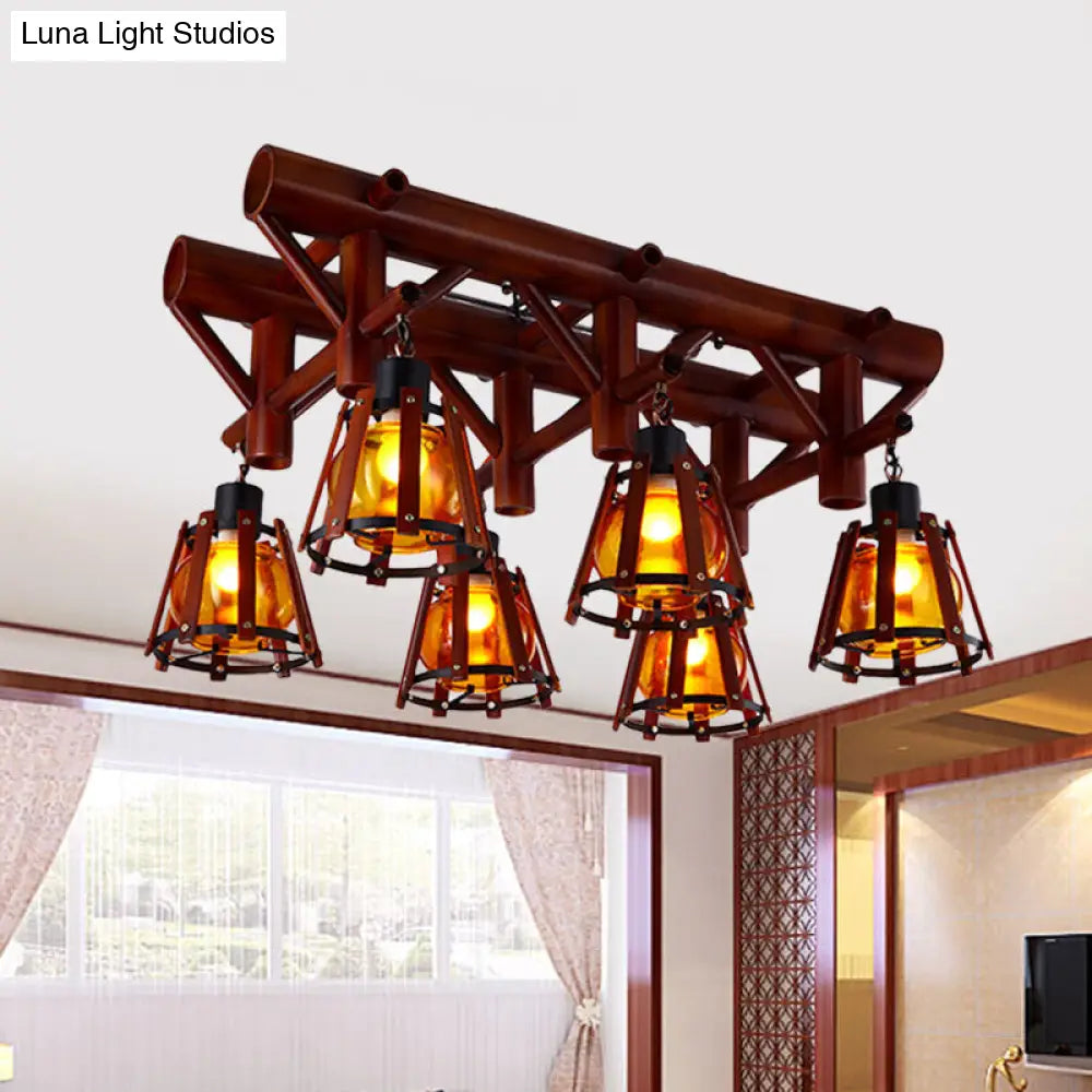 DecorBites™ DecorBites™ Rustic 6-Light Semi Flush Ceiling Lighting with Bamboo Shade - Perfect for Dining Room, Brown