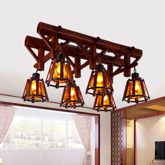 DecorBites™ DecorBites™ Rustic 6-Light Semi Flush Ceiling Lighting with Bamboo Shade - Perfect for Dining Room, Brown