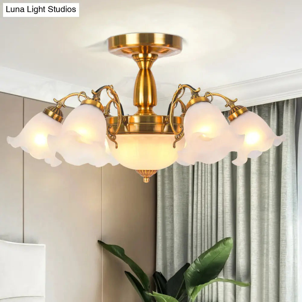 DecorBites™ DecorBites™ Rustic 8-Bulb Semi Mount Ceiling Lamp with Scroll Arm - Bronze/Brass/Copper Finish and Milky Glass