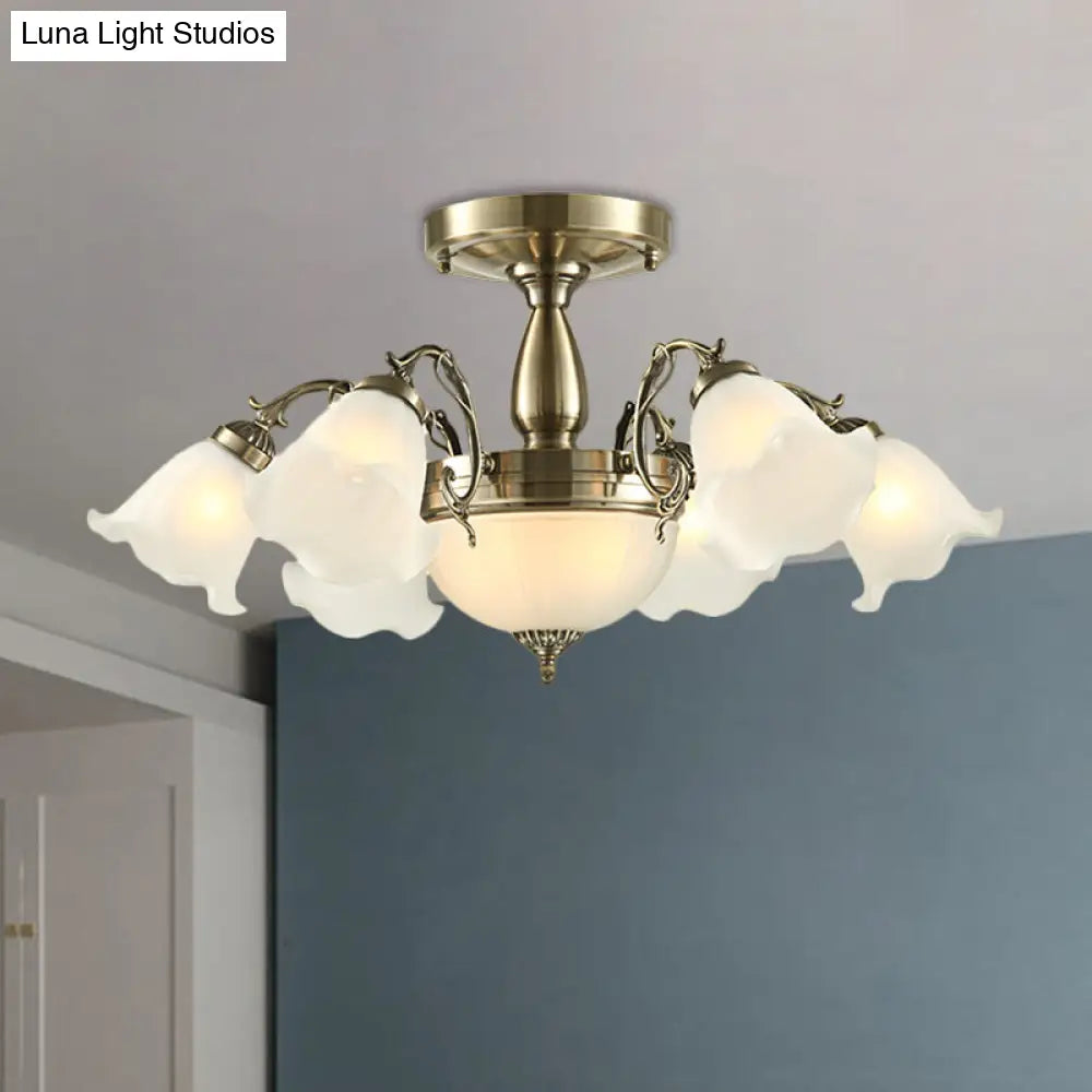 DecorBites™ DecorBites™ Rustic 8-Bulb Semi Mount Ceiling Lamp with Scroll Arm - Bronze/Brass/Copper Finish and Milky Glass