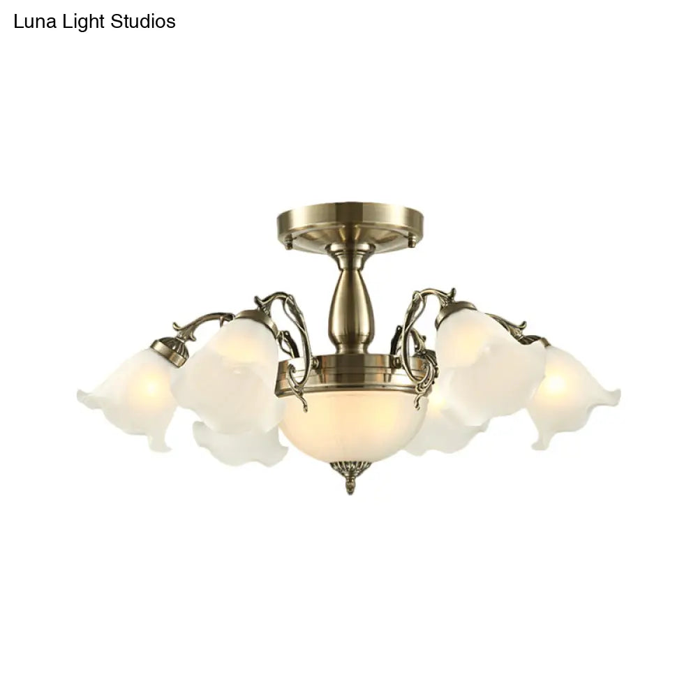 DecorBites™ DecorBites™ Rustic 8-Bulb Semi Mount Ceiling Lamp with Scroll Arm - Bronze/Brass/Copper Finish and Milky Glass