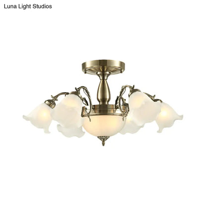 DecorBites™ DecorBites™ Rustic 8-Bulb Semi Mount Ceiling Lamp with Scroll Arm - Bronze/Brass/Copper Finish and Milky Glass