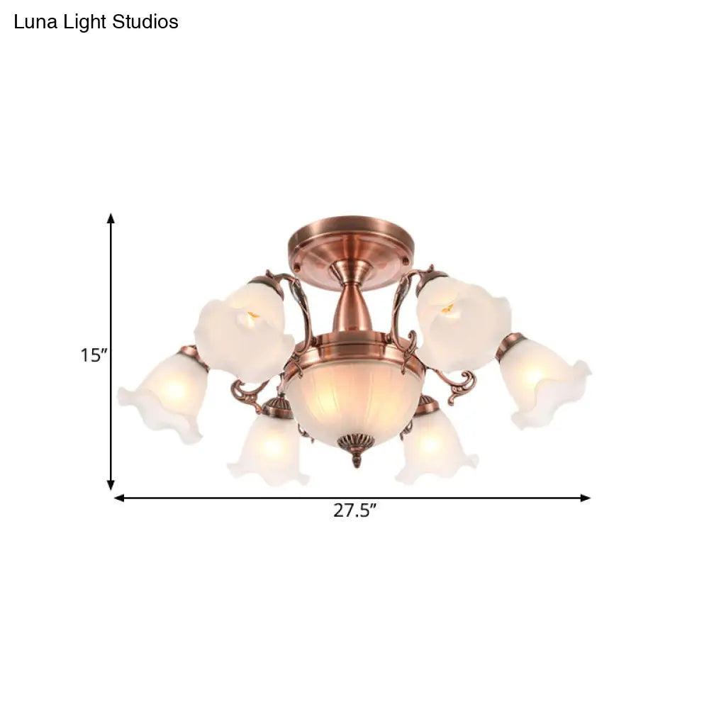 DecorBites™ DecorBites™ Rustic 8-Bulb Semi Mount Ceiling Lamp with Scroll Arm - Bronze/Brass/Copper Finish and Milky Glass