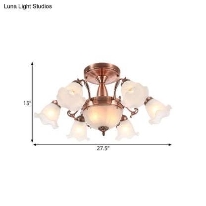 DecorBites™ DecorBites™ Rustic 8-Bulb Semi Mount Ceiling Lamp with Scroll Arm - Bronze/Brass/Copper Finish and Milky Glass